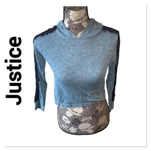 JUSTICE Teal Lace Accent Long Sleeve Hooded soft T-shirt size 8